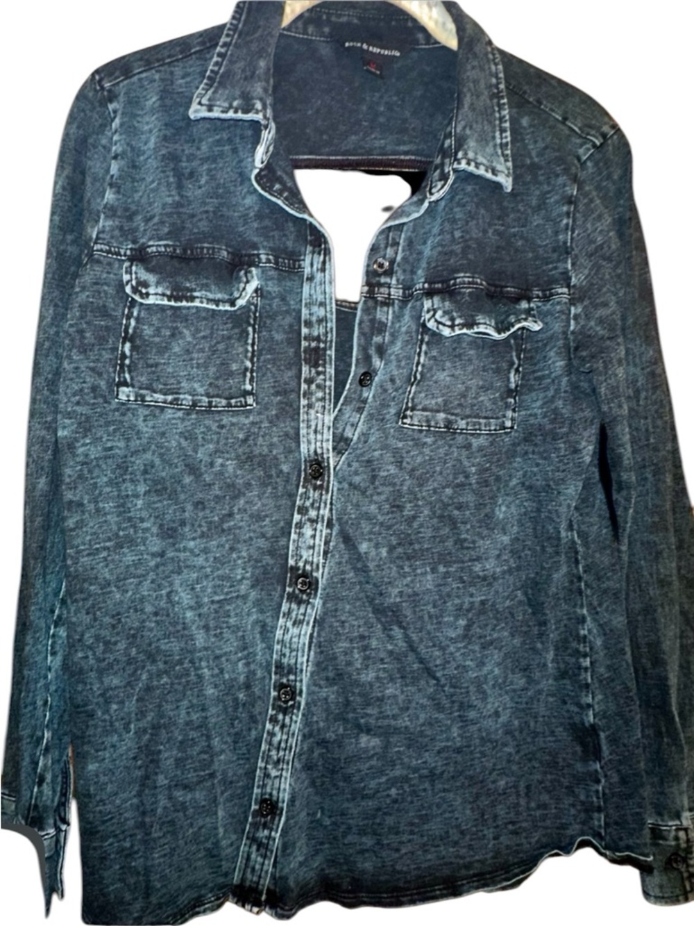 Rock & Republic Washed Denim Button-Down Shirt with reverse keyhole